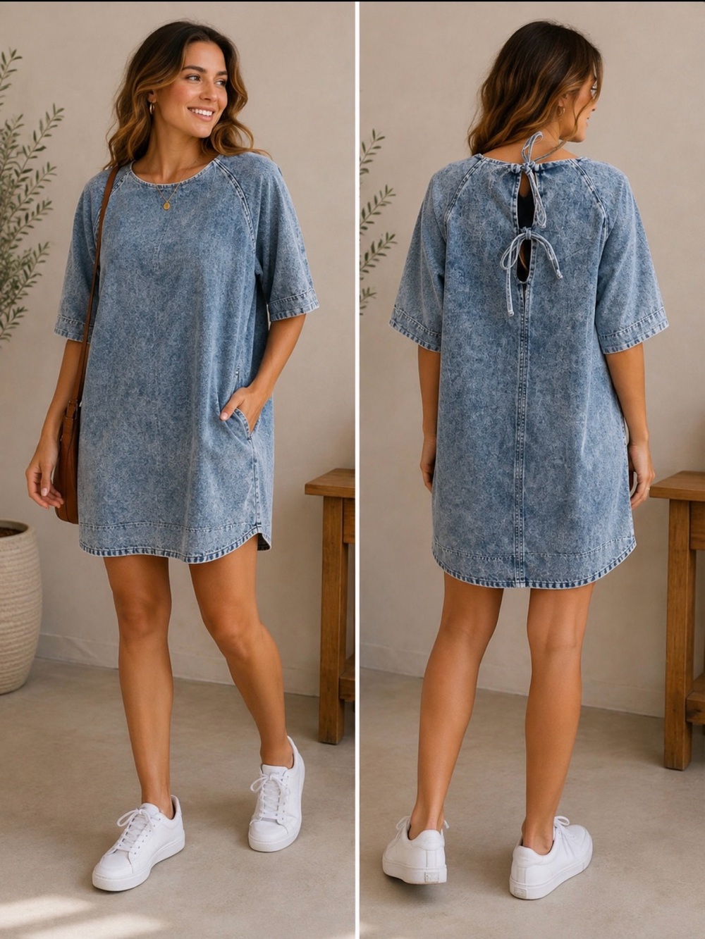 ANNEWear Denim Acid Wash Mini Dress NWT Tie Back Oversized Shift NWTags